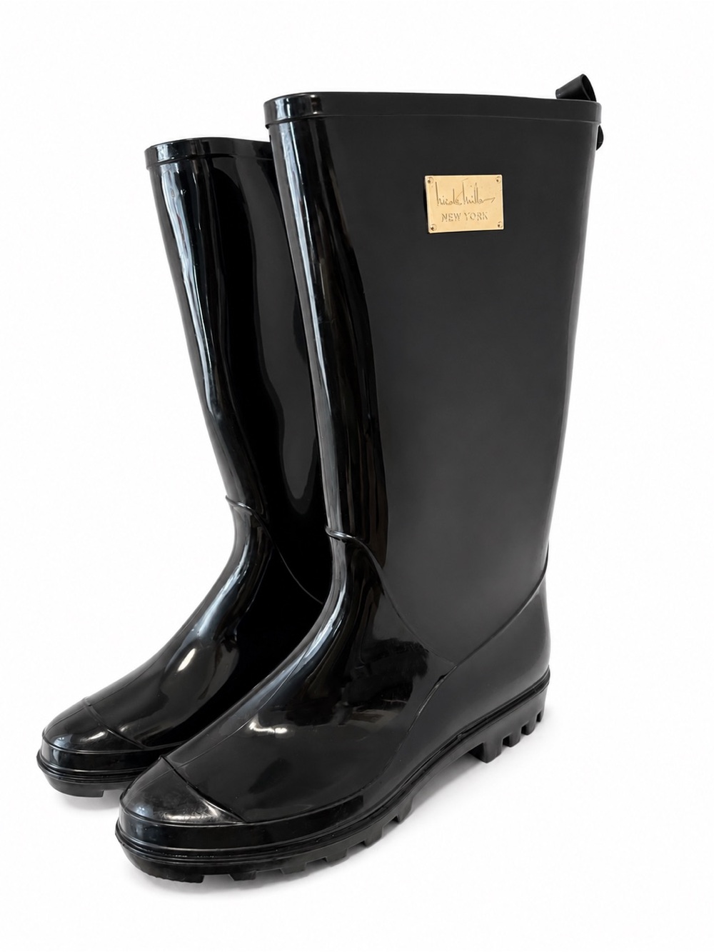 Nicole Miller Black Glossy Women's Rain Boots with Gold Plaque